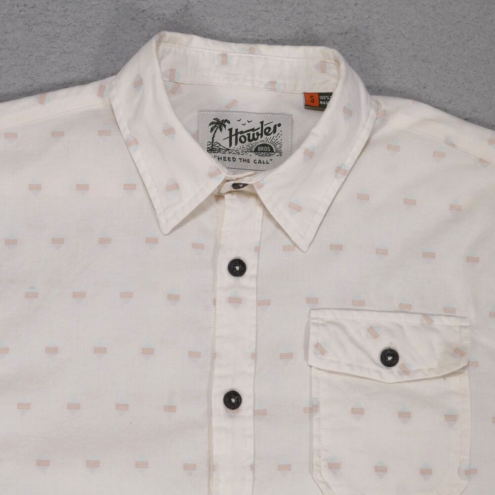 Howler Bros Button Up Shirt Men’s S Geometric Beige Short Sleeve Heed The Call